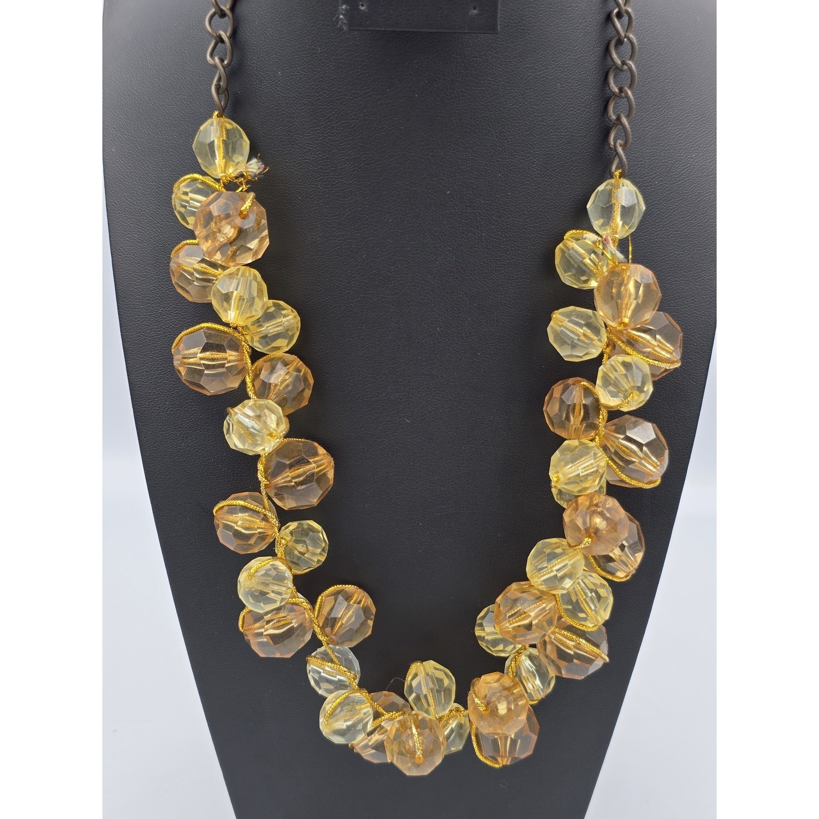 Chunky Faceted Amber Yellow Acrylic Gold Tone Beaded Statement Necklace 20$